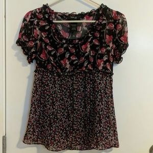 Black Short Sleeved Top with Pink Floral Patterns